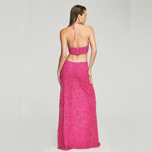 RETROFETE Hendrix Sequin Tiger Stripe Dress Fuchsia Pink Beaded Cutouts Maxi NEW - Picture 4 of 10